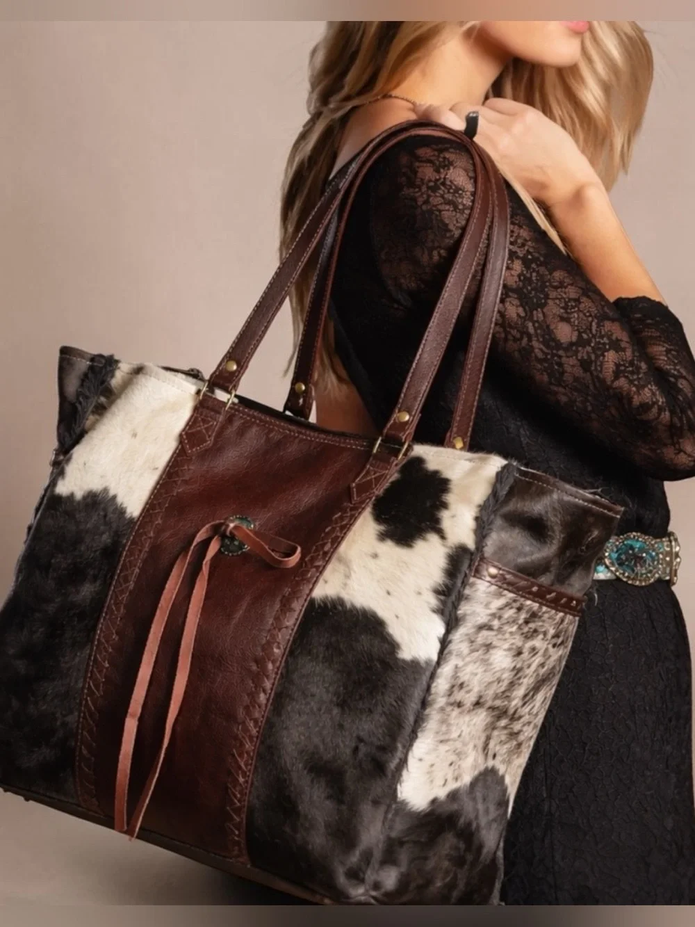 Myra Bag Cowhide Weekender Tote Overnight Leather Western Boho Shoulder Carry-on - Picture 2 of 13